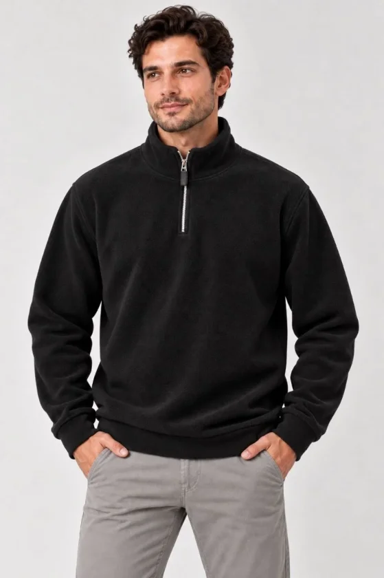 Erkek Polar Dik Yaka Yarım Fermuarlı Uzun Kollu Regular Fit Kışlık Sweatshirt - Siyah