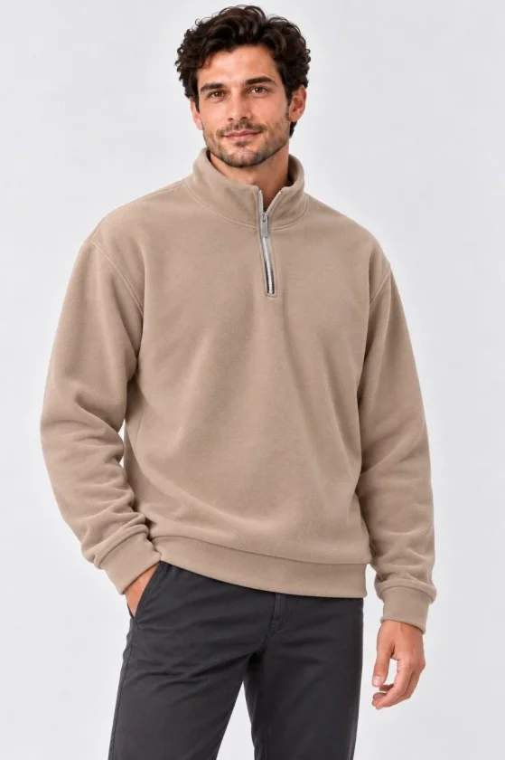 Erkek Polar Dik Yaka Yarım Fermuarlı Uzun Kollu Regular Fit Kışlık Sweatshirt - Bej
