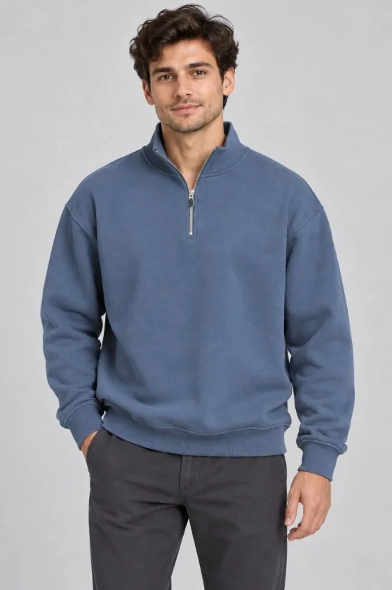 Erkek Üç İplik İçi Şardonlu Dik Yaka Yarım Fermuarlı Kışlık Sweatshirt - Mavi