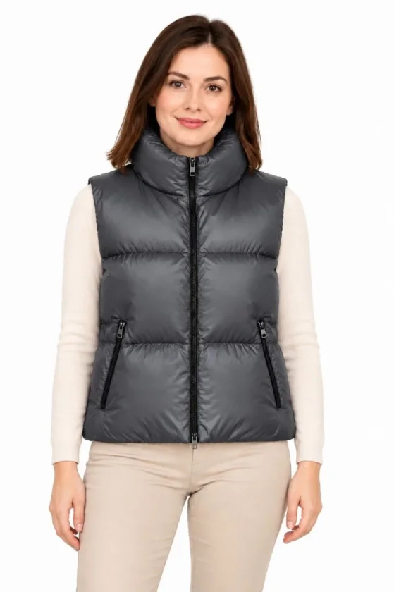 Dik Yaka Saten Astarlı Fermuarlı Cepli Arkası Uzun Oval Kesim Şişme Yelek - Füme