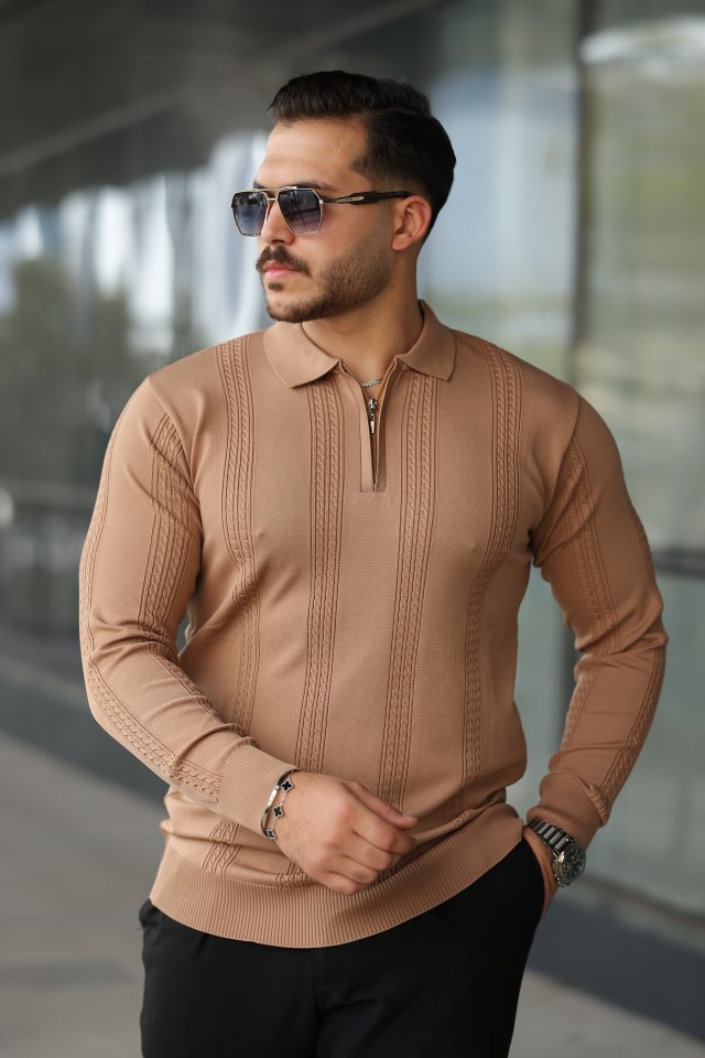 Erkek Örgü Desen Fermuar Yaka Uzun Kollu Triko Erkek Örgü Desen Fermuar Yaka Uzun Kollu Triko