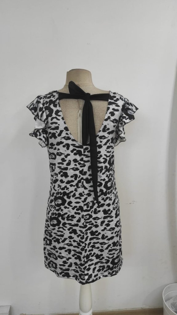 Kadın Kısa Kollu Kolları Fırfır Detay Arkası Bağlamalı Leopar Desen Kolsuz Mini Mikro Elbise
