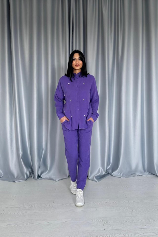 Purple 3 Stone Motifli Shirt And Pants Suit