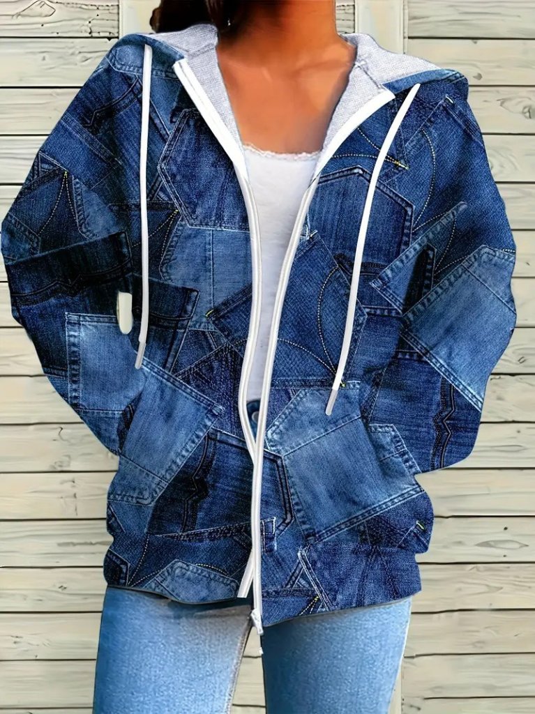 Kadın Uzun Kollu Kapşonlu Fermuarlı Kot Desenli Bağcıklı Ceket Kadın Uzun Kollu Kapşonlu Fermuarlı Kot Desenli Bağcıklı Ceket