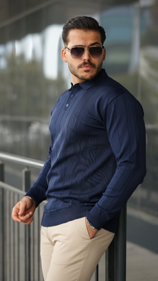 Erkek Düğmeli Yaka çizgi Dokulu Uzun Kollu Triko