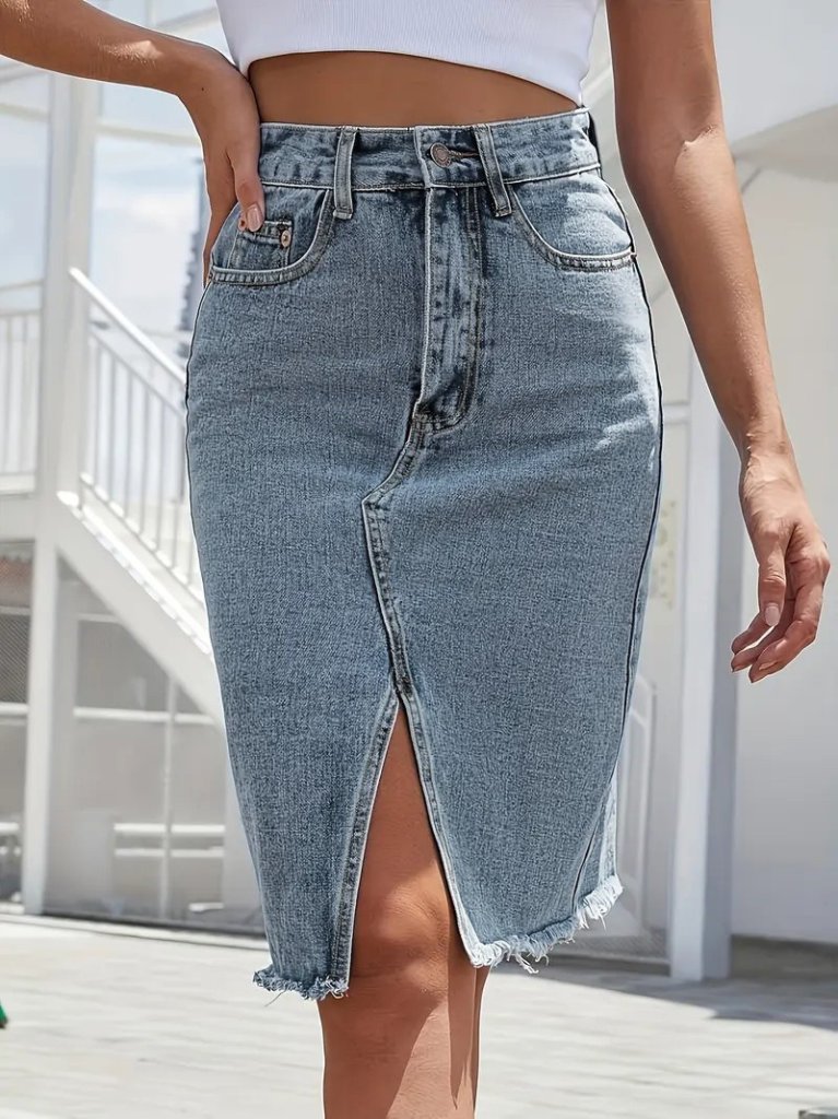 Women Elastic Waist Serrated Edge Detailed Jeans Skirt
