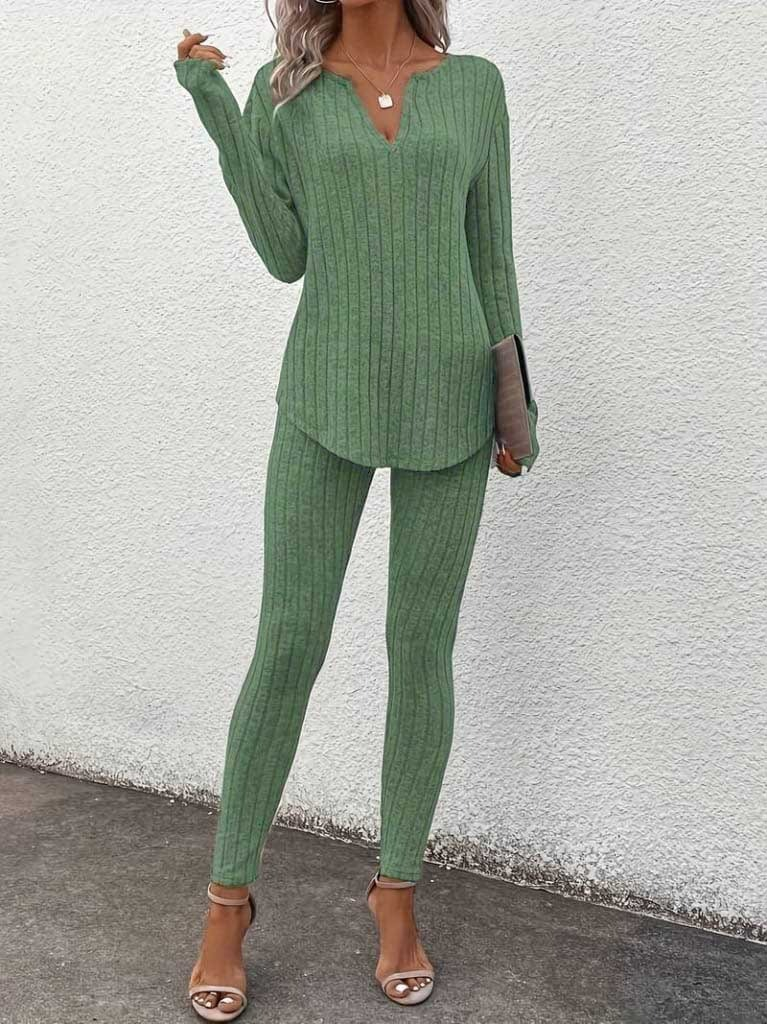Women Long Sleeves V-Necked Bluz Bottom Tacted Hurdoned Kaskorse Two Sets