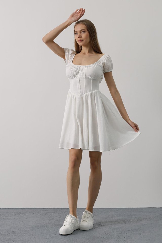 Beli Korseli Mini Elbise - Beyaz