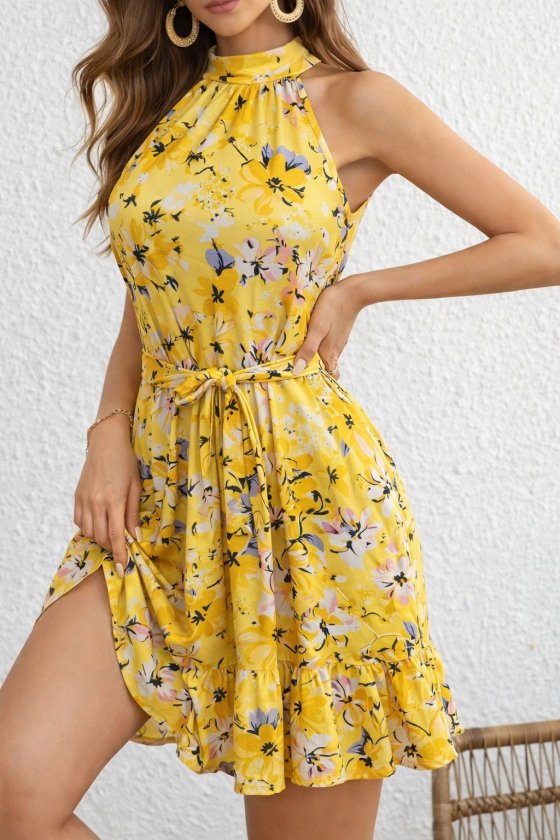 Kadın Omuzlardan Açık Balıkçı Yakalı Kuşaklı Desenli Kısa Süprem Elbise