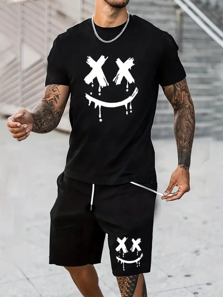 Erkek Kısa Kollu Bisiklet Yaka Baskılı Tişört Ipli Short Iki Iplik Takım