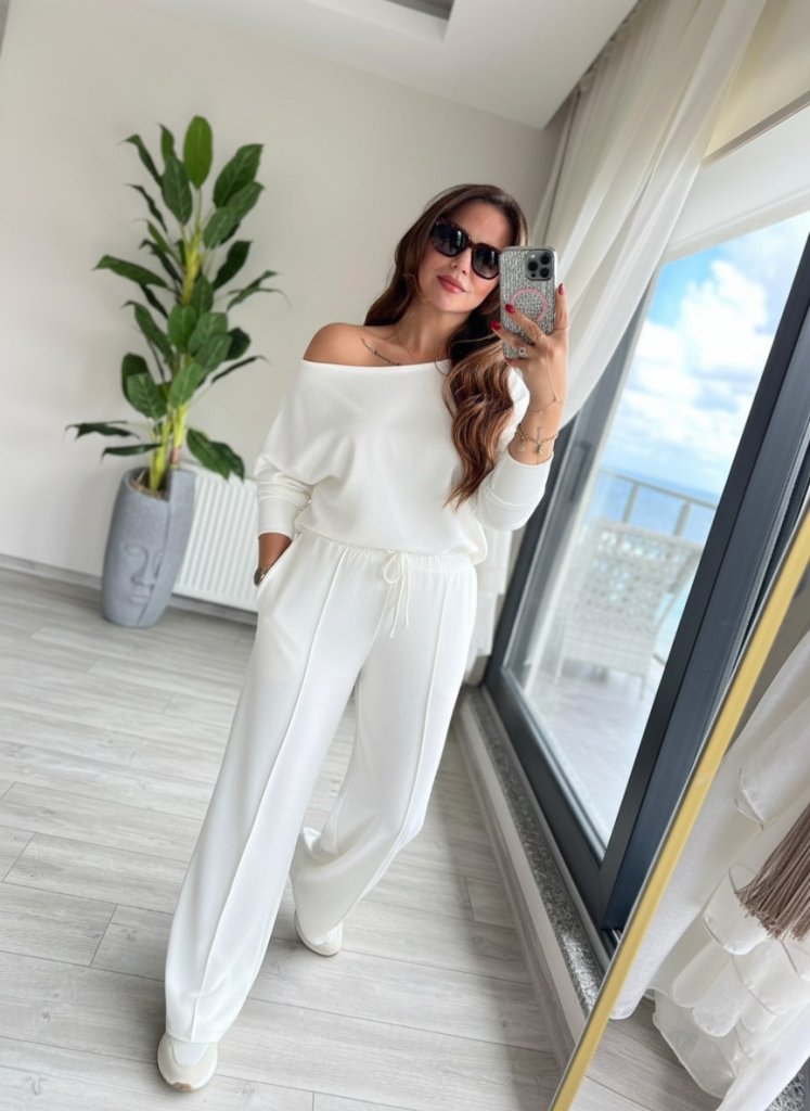 Kadın Uzun Kollu Tek Omuzdan Açık Dalgıç Bluz Ve Pantolon Ikili Takım