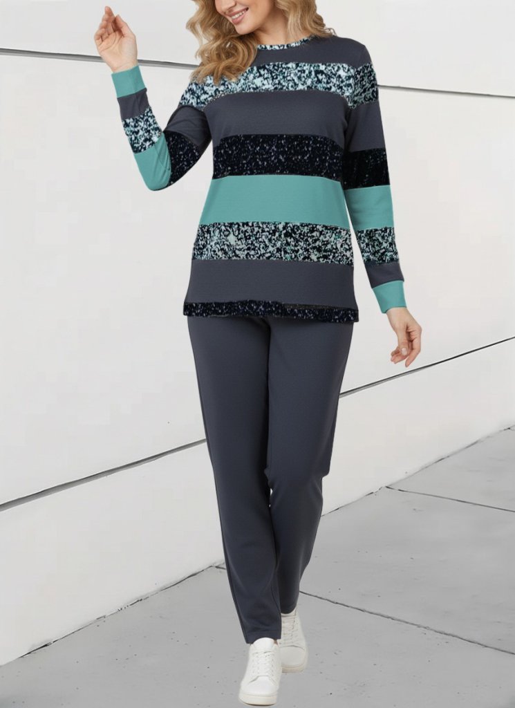 Kadın Uzun Kollu Bisiklet Yaka çizgili Desen Iki Iplik Bluz Ve Pantolon Ikili Takım