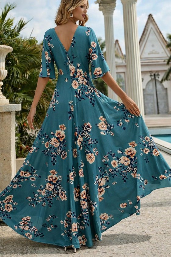 Kadın Kısa Kollu V Yakalı Desenli Süprem Elbise