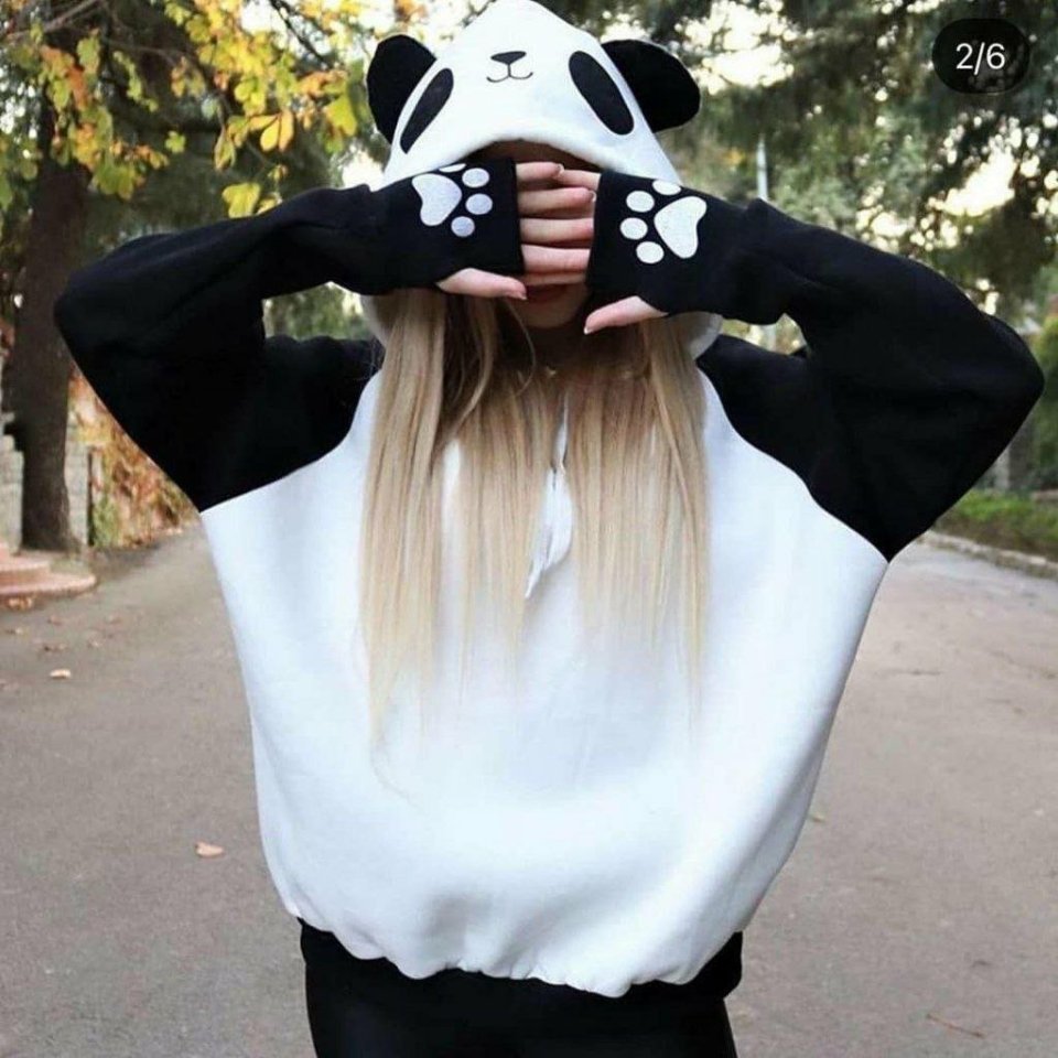 Kadın Panda Üç Iplik Kumaş Kapüşonlu Polar Sweat 65 Cm
