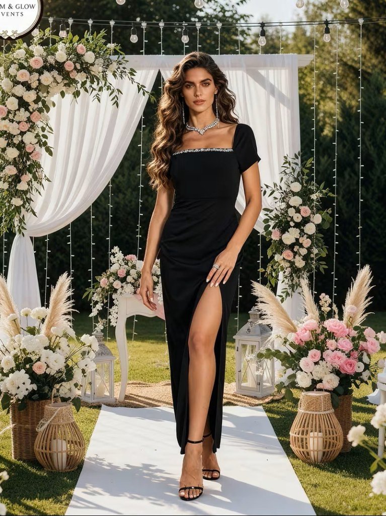 Kadın Kısa Kollu Kare Yakalı Sim Detaylı Arkadan Bağcıklı Yırtmaçlı Uzun Ithal Krep Elbise