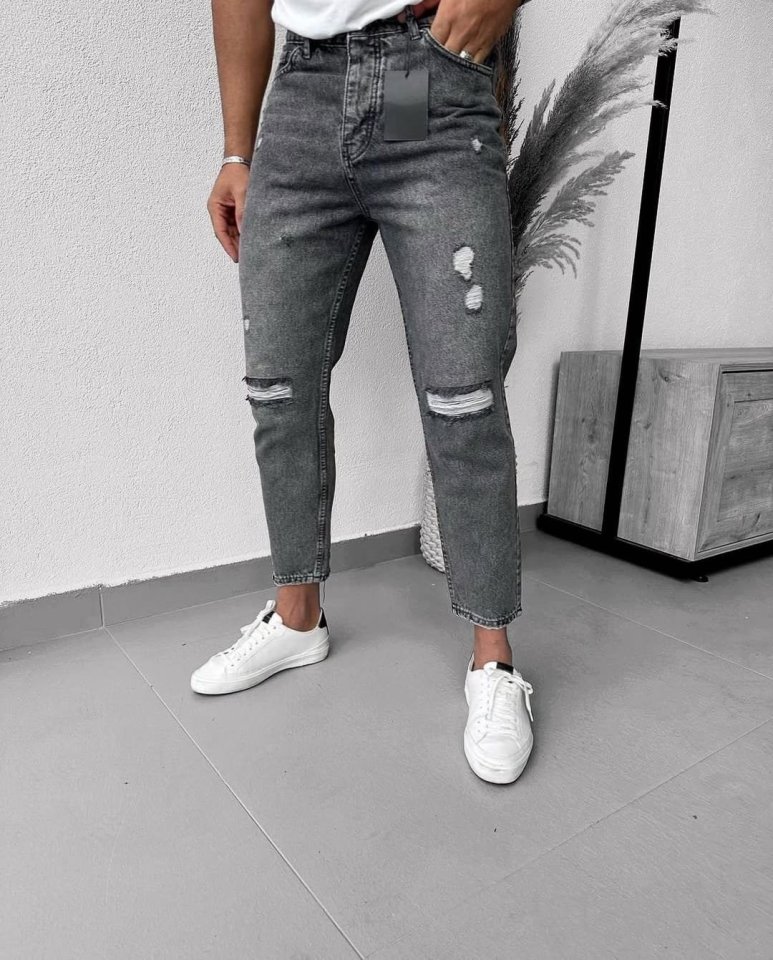 Erkek Füme Yırtık Detaylı Mom Jean