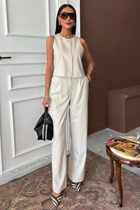 Vest Plazzo Pants Striped Polyviscon Suit 10178