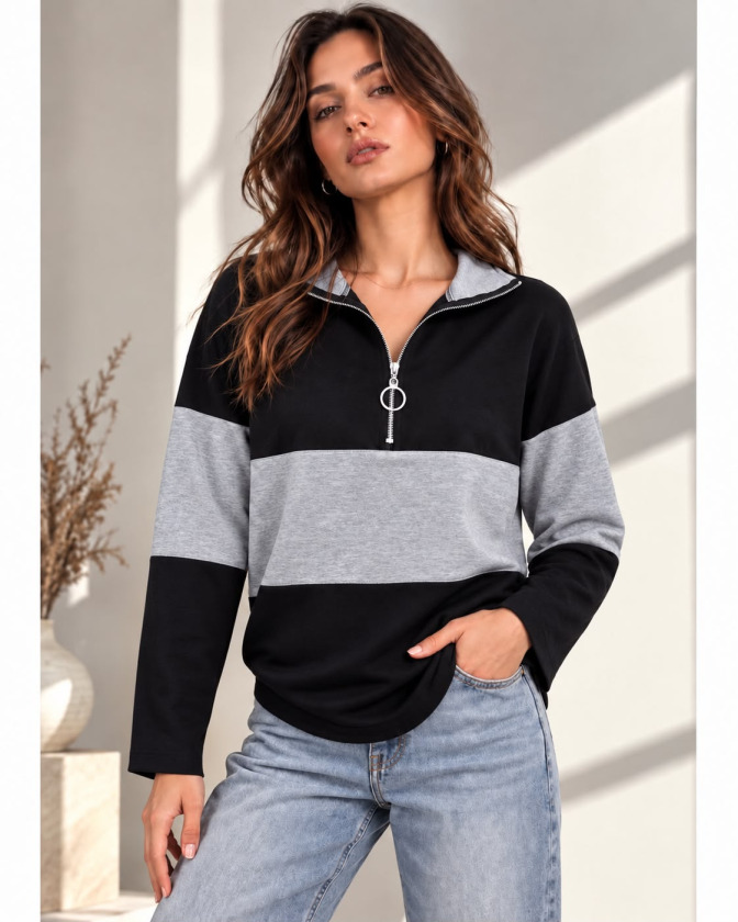 Kadın Fermuarlı Yaka Renk Bloklu Sweatshirt / Üst