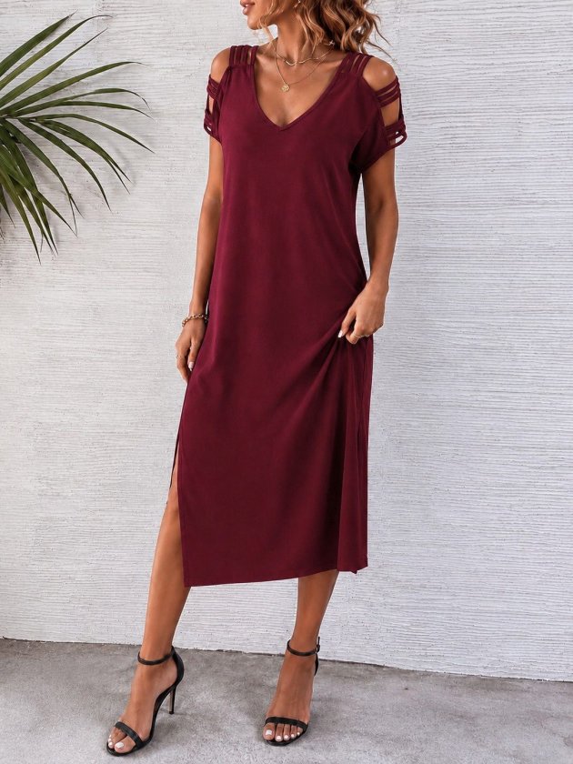 Kadın Kısa Kollu şerit Detaylı Yandan Yırtmaçlı Viskon Elbise