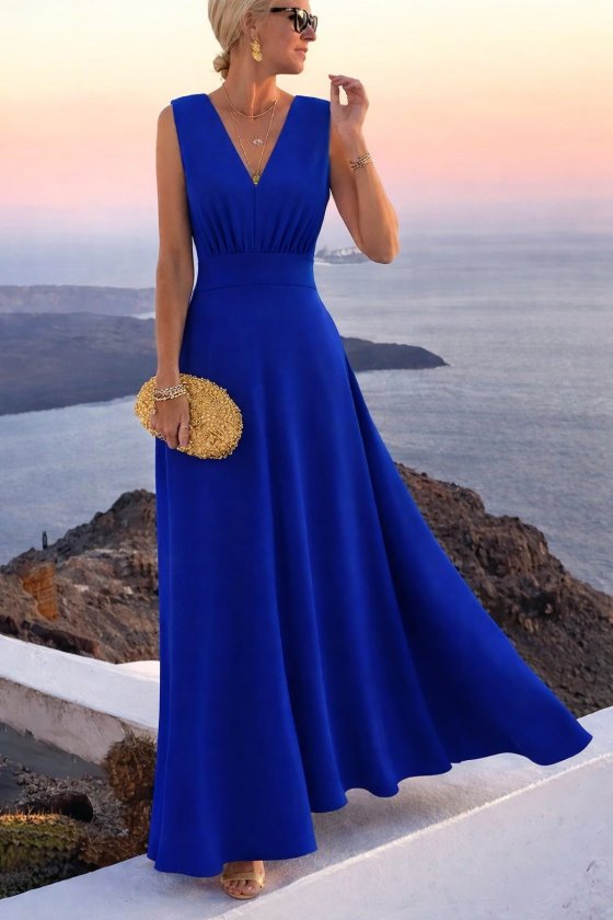 Kadın Askılı V Yakalı Bel Korsaj Detaylı Uzun Ithal Krep Elbise