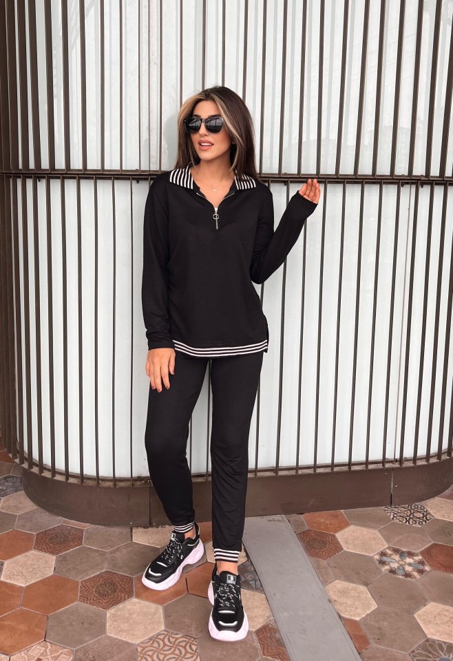 Women Long Sleeves Ribana And Zipper Detail Blouse And Yüksel Waist Pants 2 Sets
