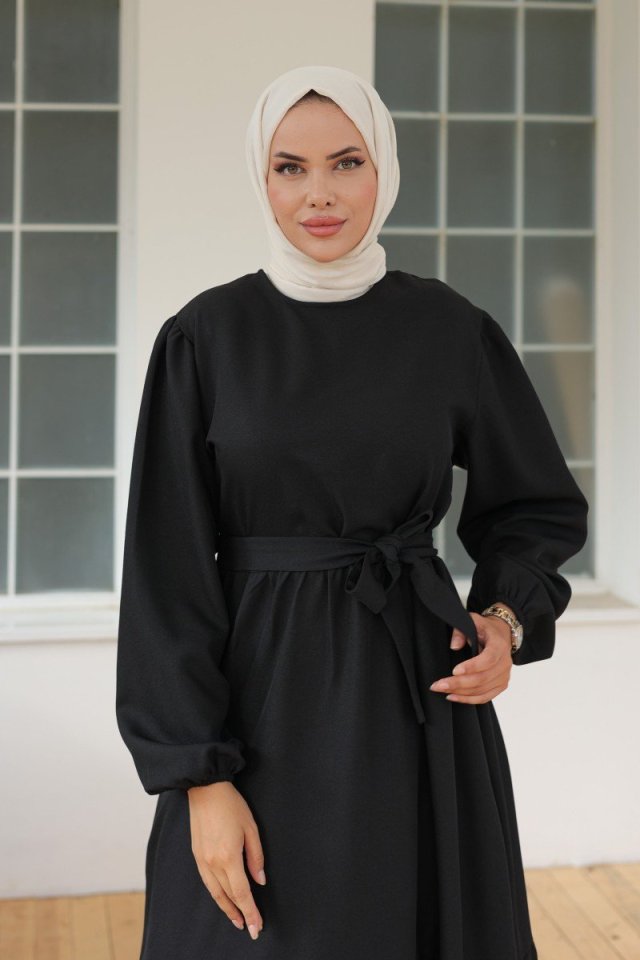 Women Long Sleeve Bicycle Collar Waisted Dress