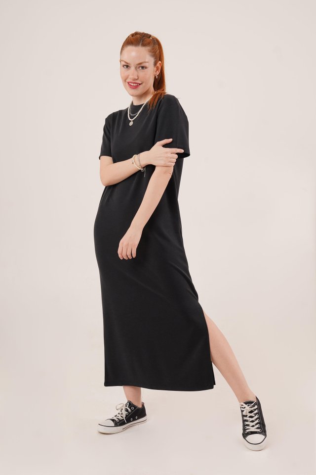 Dress Up Detailed Short Sleeve Salaş Maxi Black Dress