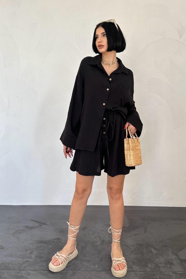 Black Shirt And Ink Shorts Suit