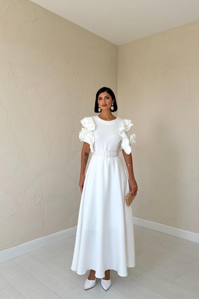 White Handles Volanous Belt Dress