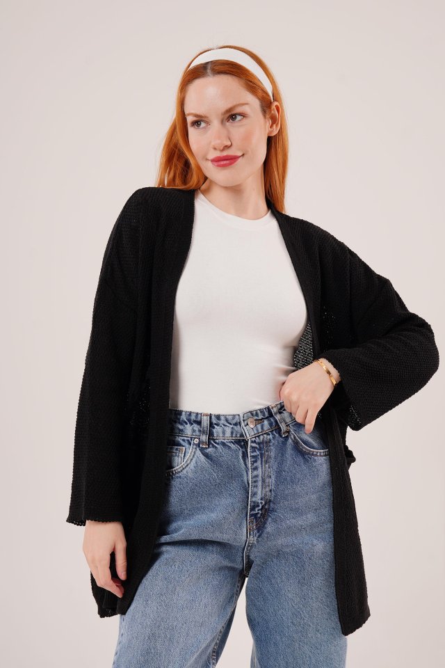 Pocket Salaş Model Sweater Long Black Ratchet