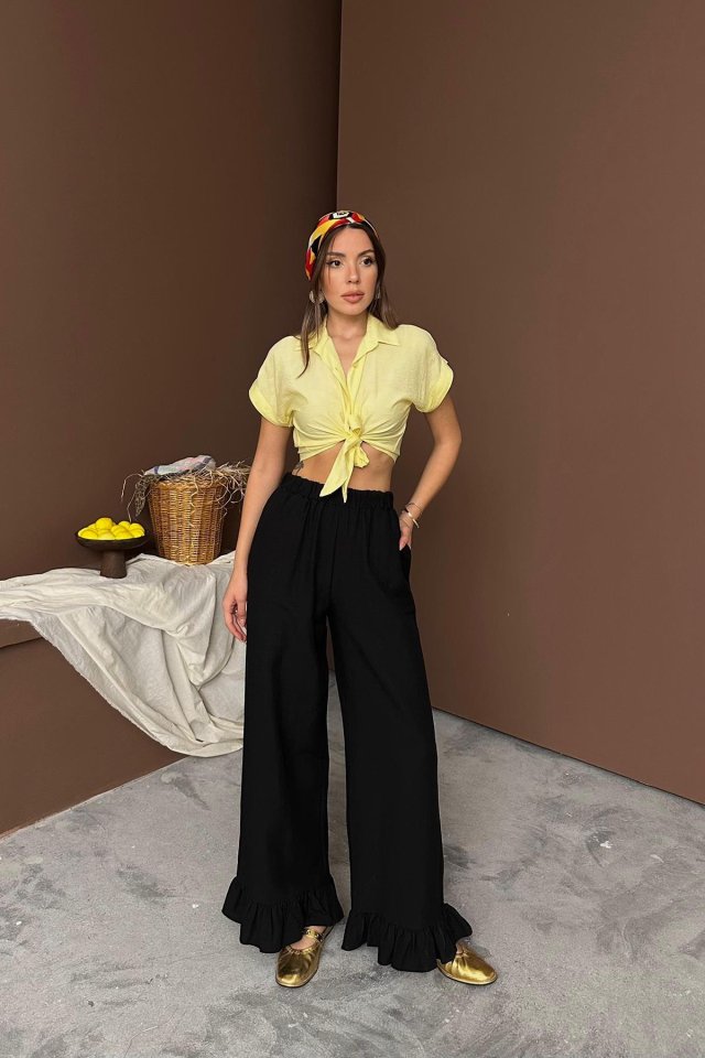 Black Leg Fırfırfırlı Linen Pants