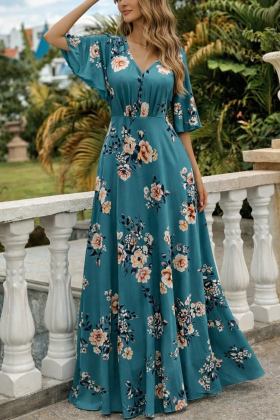 Kadın Kısa Kollu V Yakalı Desenli Süprem Elbise