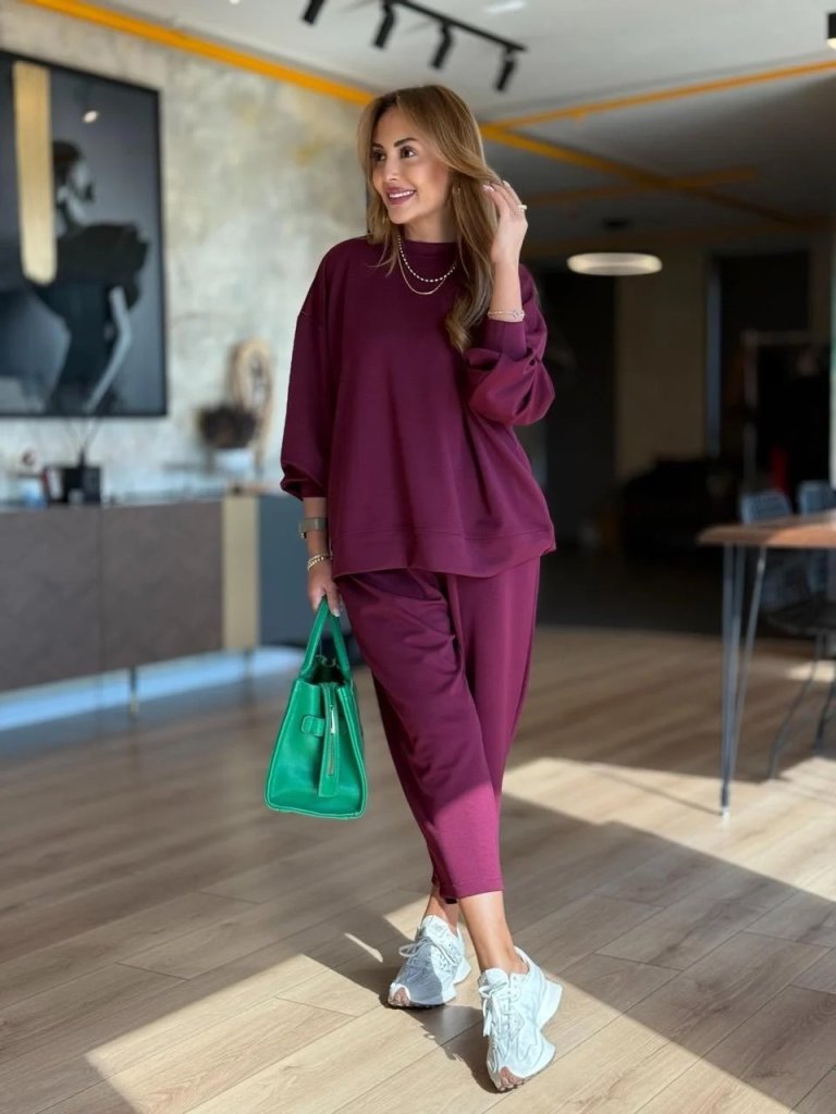 Kadın Uzun Kollu Bisiklet Yaka Viskon Iki Iplik Mor Bluz Ve Pantolon Ikili Takım