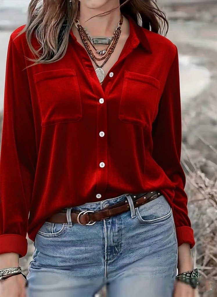 Kadın Uzun Kollu Yakalı önden Düğmeli Cep Detaylı Kadife Gömlek