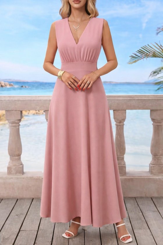 Kadın Askılı V Yakalı Bel Korsaj Detaylı Uzun Ithal Krep Elbise