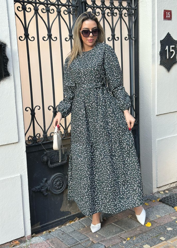 Women Long Sleeve Bicycle Collar Daisy Pattern Belt Included Maxi Boy Dress
