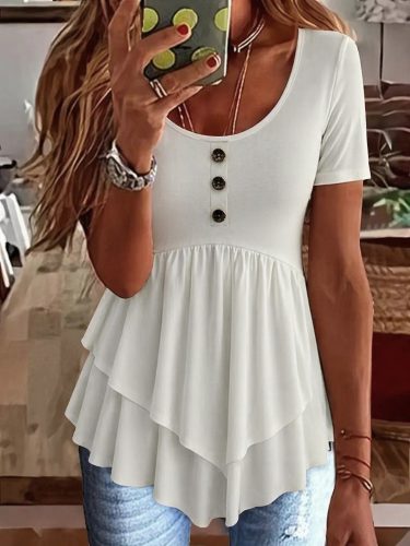 Kadın kısa kollu yuvarlak yakalı düğmeli önden asimetrik kesim detaylı viskon bluz