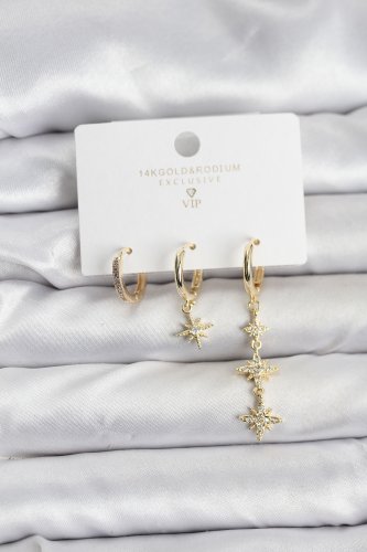 Kutup Yıldızı Model Gold Renk Pirinç 3lü Kadın Küpe Seti
