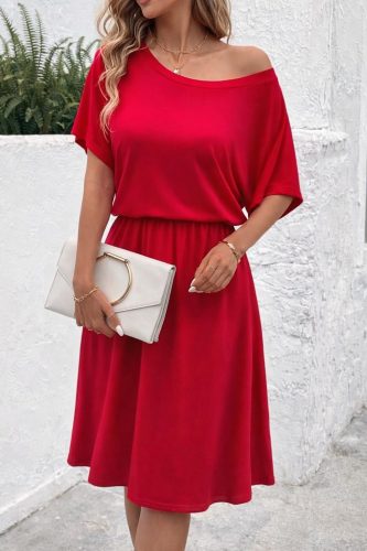 Kadın kısa kollu omuzdan açık kiloş midi viskon elbise