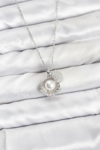 316L Çelik Zincir Gümüş Renk İncili Deniz Kabuğu Model Zirkon Taşlı Kadın Kolye