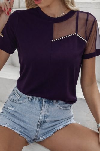 Kadın kısa kollu tül detaylı taşlı Janjan krep bluz