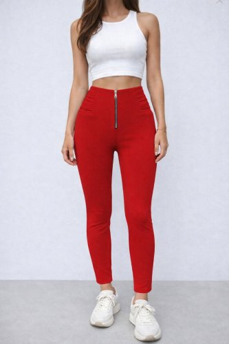 Kadın yüksek belli önden fermuar ve nervur detaylı dalgıç tayt