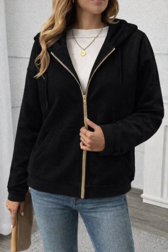 Kadın uzun kollu kapşonlu fermuarlı önden cep detaylı şardonlu iki iplik ceket