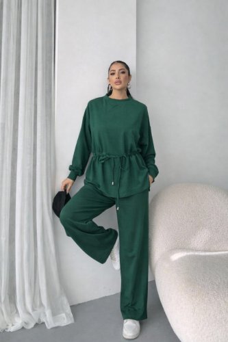 Kadın uzun kollu bisiklet yaka belden büzgülü bağcıklı viskon iki iplik bluz ve pantolon ikili takım