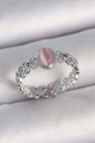 Pirinç Gümüş Renk Zirkon Taş Detaylı Pembe Mineli Damla Model Ayarlanabilir Kadın Yüzük