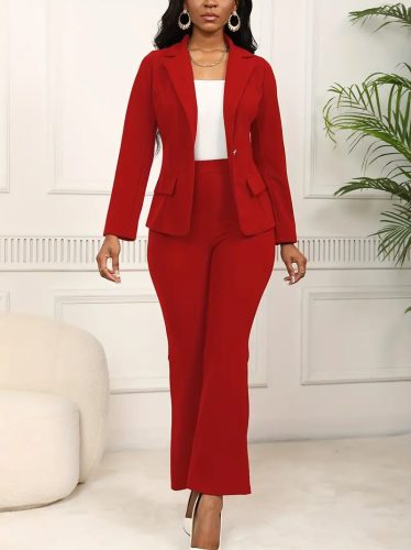 Kadın uzun kollu yakalı tek düğme detaylı astarlı ithal krep ceket ve pantolon ikili takım