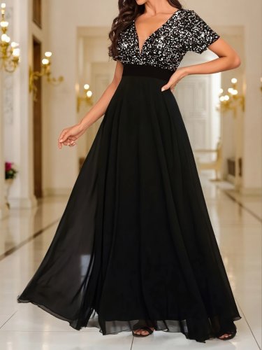 Kadın kısa kollu derin v yakalı a kesim pulpayet detaylı şifon nedime elbisesi