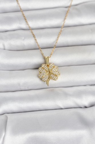 316L Çelik Gold Renk Açılabilir Yonca Model Zirkon Taşlı Kadın Kolye