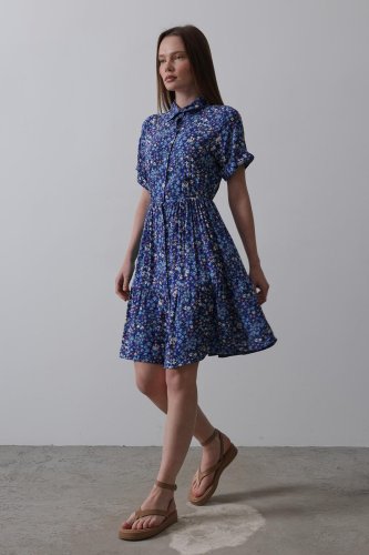 Baskılı Keten Elbise - Lacivert-Beyaz