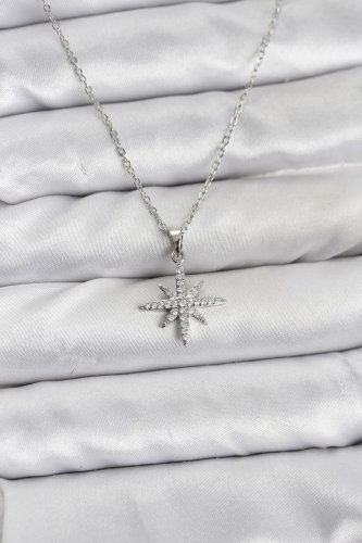 316L Çelik Zincir Gümüş Renk Kutup Yıldızı Model Zirkon Taşlı Kadın Kolye